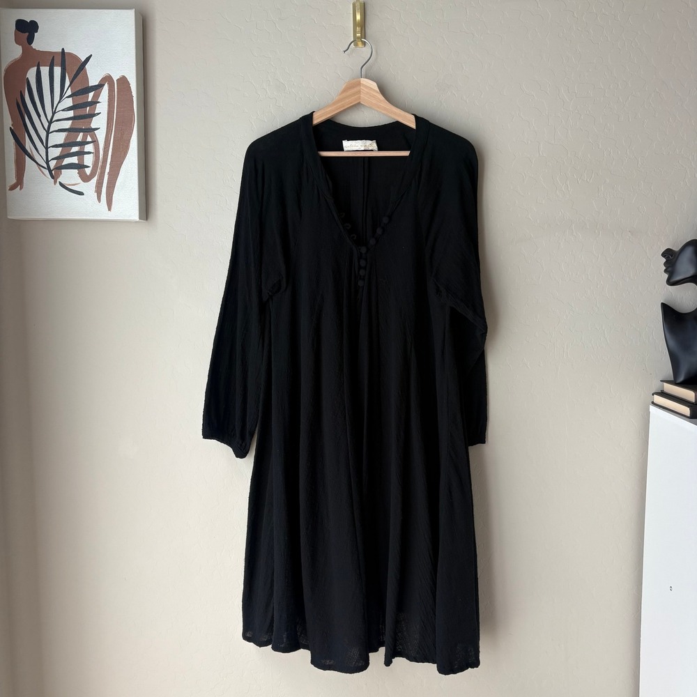Natalie Martin Black Cotton Gauze V-Neck Fiore Mini Dress Long Sleeve Size S